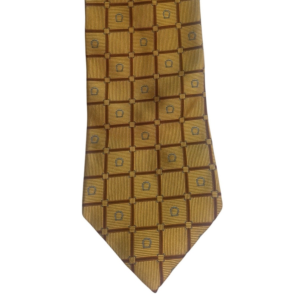Brooks Brothers Makers Silk Tie Yellow Brown Grid Horseshoe Made in USA Italy